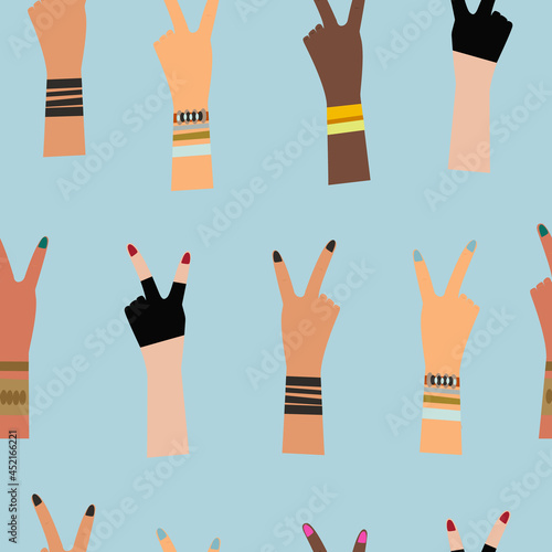 Seamless pattern of their female hands of different ethnic group showing the peace sign. Vector illustration