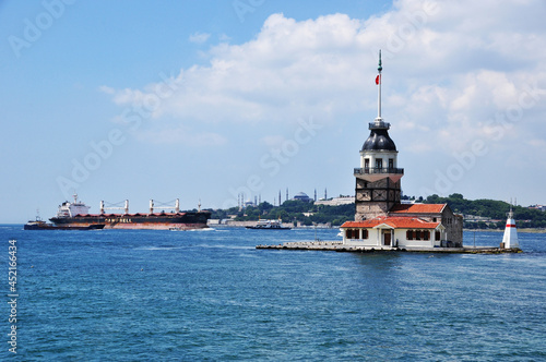 Panorama of the Bosphorus. View of the maiden island and the large ocean ship. July 11, 2021, Istanbul, Turkey.
