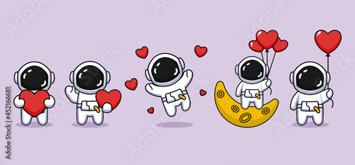 Set of cute astronaut with Valentine's Day Theme
