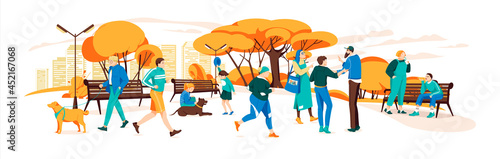 Set of people having rest in the autumn park.Various outdoor activities in the urban park.Illustration of recreation jogging with dog, exercise fitness outdoor.Vector illustration