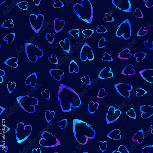 Watercolor Brush Heart Seamless Pattern Love Grange Hand Painted Design in Blue Color. Modern Grung Collage Background for kids fabric and textile