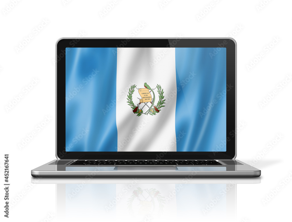 Guatemalan flag on laptop screen isolated on white. 3D illustration Guatemalan flag on laptop screen isolated on white. 3D illustration