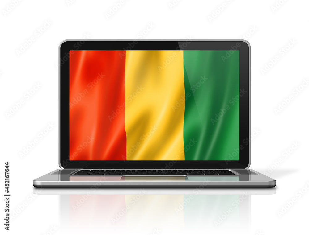 Guinean flag on laptop screen isolated on white. 3D illustration Guinean flag on laptop screen isolated on white. 3D illustration