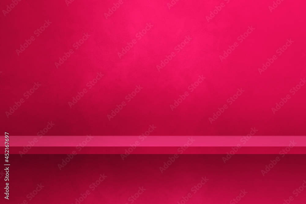 Empty shelf on a pink wall. Background template. Horizontal backdrop Empty shelf on a pink wall. Background template. Horizontal backdrop