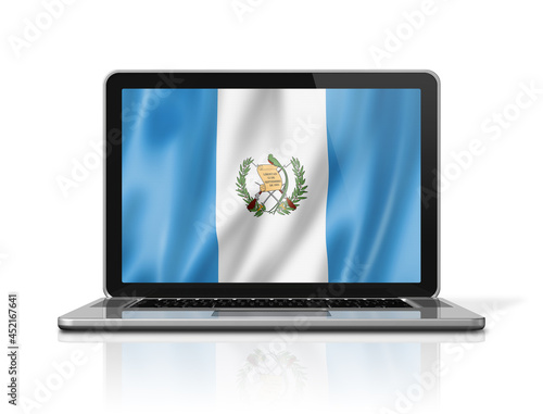 Fototapeta Naklejka Na Ścianę i Meble -  Guatemalan flag on laptop screen isolated on white. 3D illustration
