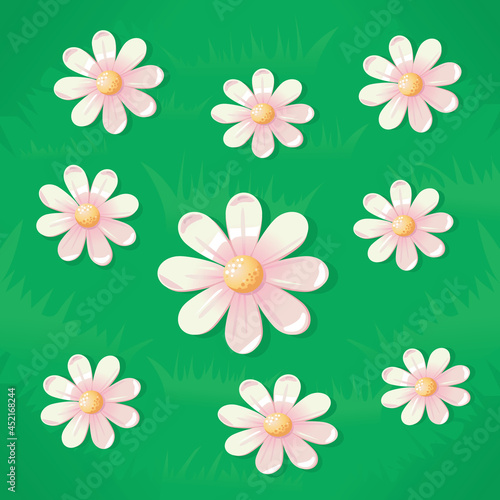 Cute pink illustrated vector flowers on a green grass background