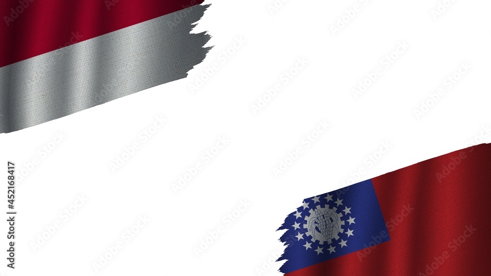 Myanmar Burma and Indonesia Flags Together, Wavy Fabric Texture Effect, Obsolete Torn Weathered, Crisis Concept, 3D Illustration