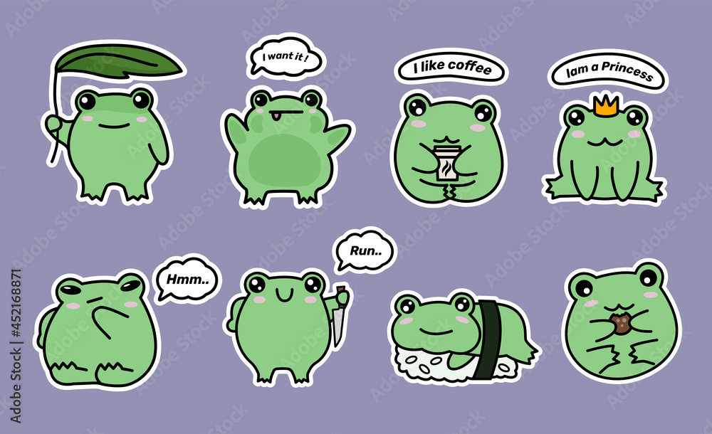 Obraz premium Cute emoticons character cartoon frog stickers emoticons with different emotions. Green frog. Vector illustration. 1 set