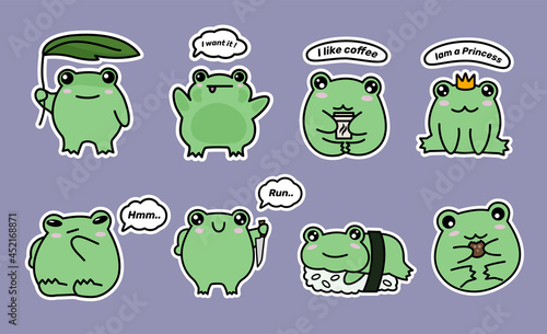 Cute emoticons character cartoon frog stickers emoticons with different emotions. Green frog. Vector illustration. 1 set