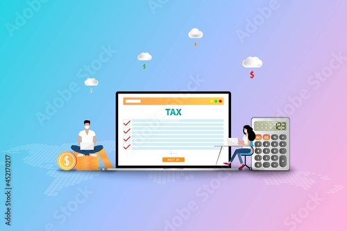 Business concept of online tax, businessman and woman wear a medical face mask and working on laptop to check the list of tax and calculate for this physical year.