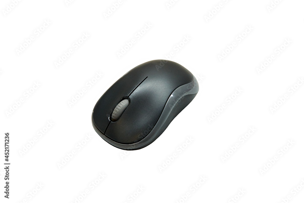 Dark gray wireless optical laser computer mouse with a wheel between the buttons on a white isolated background. An electronic accessory for a laptop with a place for text. Mock up. Dark gray wireless optical laser computer mouse with a wheel between the buttons on a white isolated background. An electronic accessory for a laptop with a place for text. Mock up.