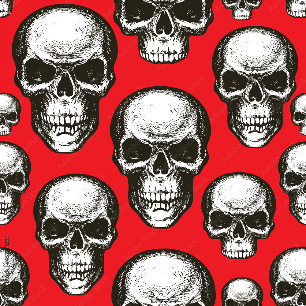 Seamless pattern with black-white skulls on a red backdrop. Vector background with hand-drawn human skulls. Graphic print for clothes, fabric, wallpaper, wrapping paper, halloween party design element