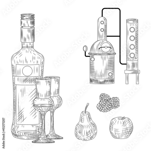 Set of schnapps. Germany traditional alcohol drink. Bottle, glass, alembic, raspberry, apple, pear.