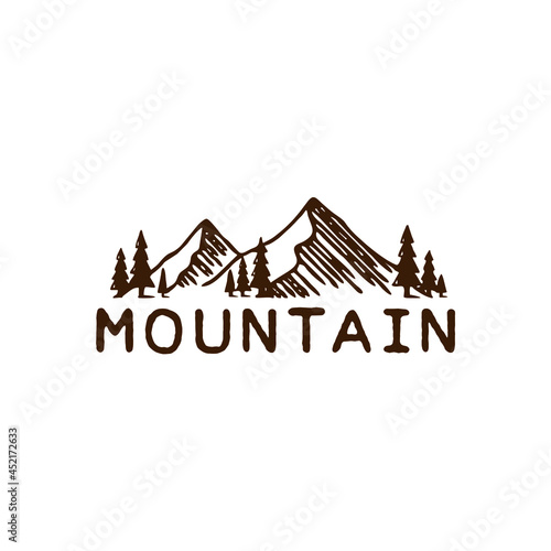 hand drawn mountain with pine trees logo