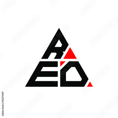 REO triangle letter logo design with triangle shape. REO triangle logo design monogram. REO triangle vector logo template with red color. REO triangular logo Simple, Elegant, and Luxurious Logo. REO  photo