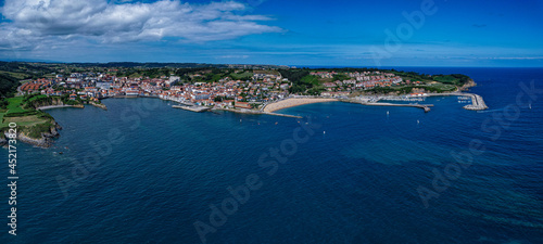  aerial view of the port and beach of Luanco, Asturias. Spain