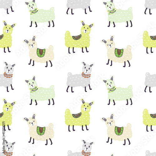 Seamless pattern of multicolor pastel colored lamas. Perfect for scrapbooking  poster  textile and prints. Hand drawn illustration for decor and design.