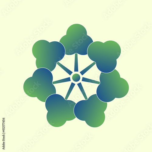 The icon of trees arranged in a circle in green-blue colors with a gradient. A symbol of ecology, friendship, organization, and family