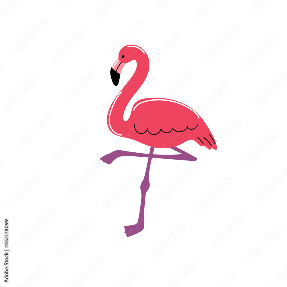 Pink flamingo doodle. a red tropical bird. Long neck and legs. Stock vector flat cartoon illustration on a white background.