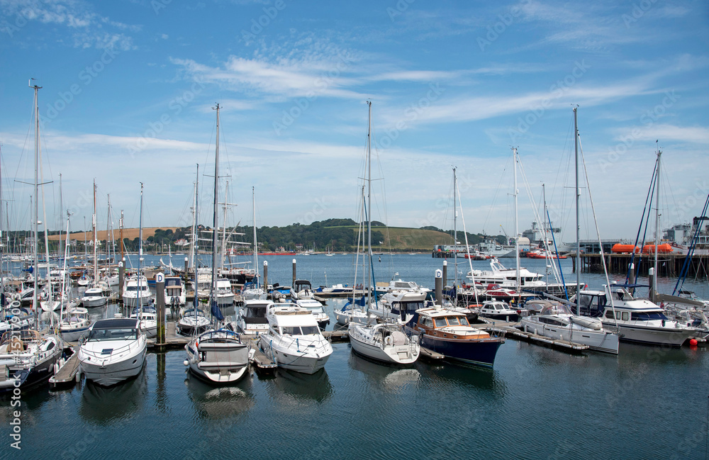 Falmouth, Cornwall, England, UK. 2021. Overview of small boat berths from the waterfront  in Falmouth harbour.