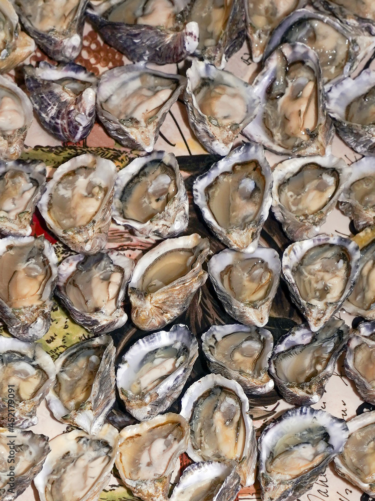 Display of fresh Pacific oysters on the half shell.    