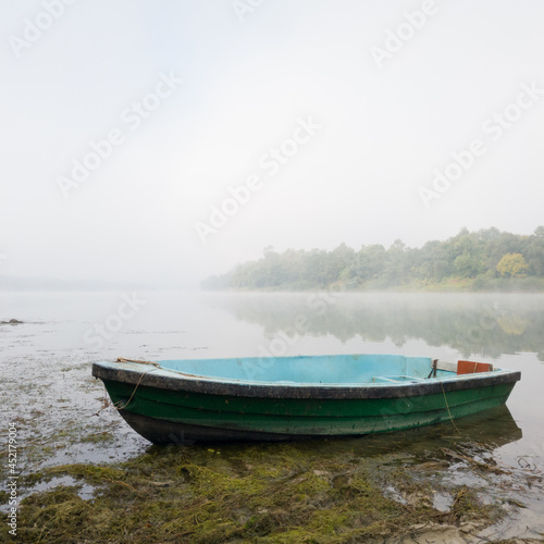 Landscape of Sava river in autumn, moored green boat in shallow water surrounded with algae during beautiful misty morning © slobodan