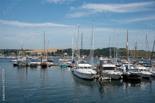 Falmouth, Cornwall, England, UK. 2021. Overview of small boat berths from the waterfront in Falmouth harbour.