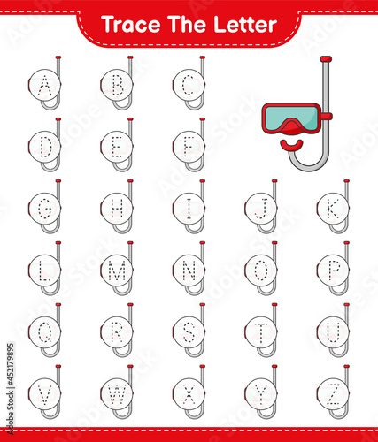 Trace the letter. Tracing letter with Scuba Diving Mask. Educational children game, printable worksheet, vector illustration