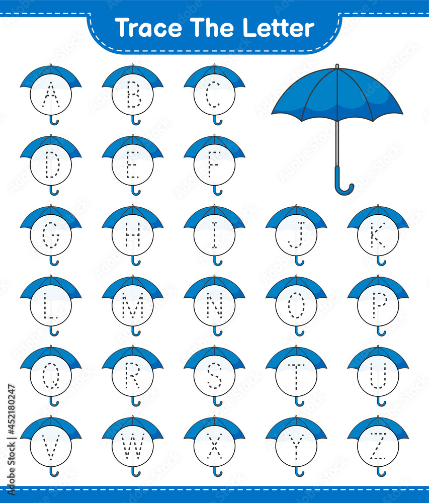 Trace the letter. Tracing letter with Umbrella. Educational children game, printable worksheet, vector illustration Trace the letter. Tracing letter with Umbrella. Educational children game, printable worksheet, vector illustration