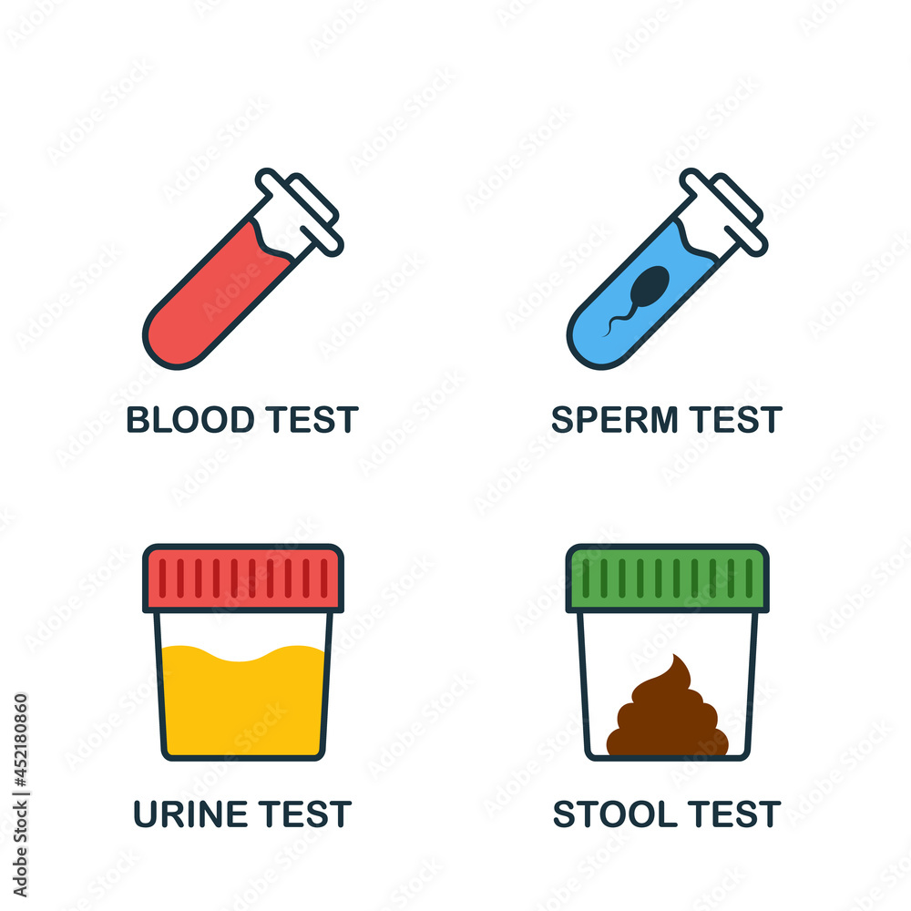 Stool, Urine, Sperm, Blood Test Set Flat Icon. Medical Exam of Blood