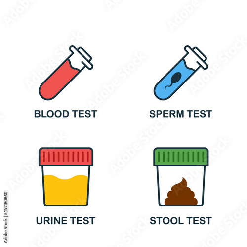 Stool, Urine, Sperm, Blood Test Set Flat Icon. Medical Exam of Blood, Feces, Semen, Urine Icon. Sample for Laboratory Research Pictogram. Isolated Vector Illustration