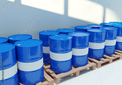 Metal barrels in warehouse. Oil barrels cleaning. Pallets with blue barrels. Warehouse for chemical canisters. Toxic casks on pallets. Warehouse storage of petroleum products. Tanks for oil. 3d image