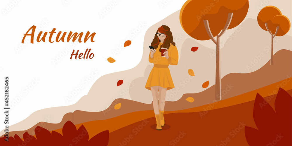 It's an autumn day, a woman is walking in the park looking at her phone and holding a coffee in her hand. Vector illustration in a flat style. It is suitable for the background and design of the site.
