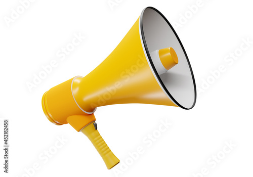 Loudspeaker on white background. Detailed rendering of loudspeaker. Megaphone for speaker or presenter. Yellow detailed phonograph close-up. Speakerphone close-up isolated. 3d illustration. photo