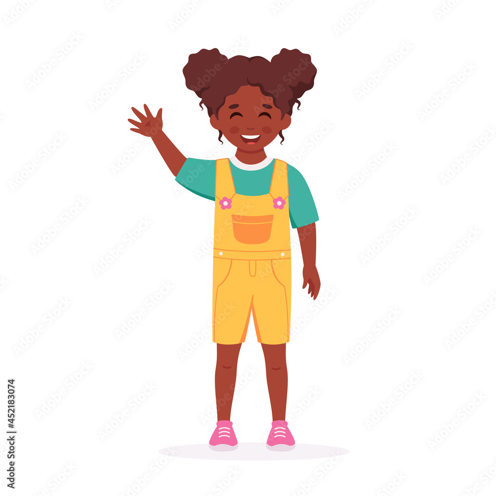 Little black girl smiling and waving hand. Greeting gesture. Elementary school student, kindergarten pupil. Vector illustration Little black girl smiling and waving hand. Greeting gesture. Elementary school student, kindergarten pupil. Vector illustration