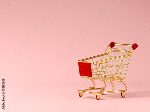 Minimal composition for shopping and supermarket concept. Golden shopping cart trolley on pink background. 3d rendering illustration. Clipping path of each element included.