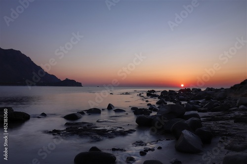 Sunrise over the Foxi Manna beach in Tertenia. Sardinia, Italy