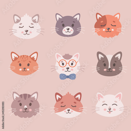 Cute cat s collection. Cats faces  pets  kittens  cute animals. Vector illustration