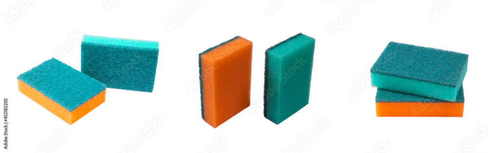 A set of kitchen sponges on a white background.Kitchen sponges isolated on a white background. A set of kitchen sponges on a white background.Kitchen sponges isolated on a white background.