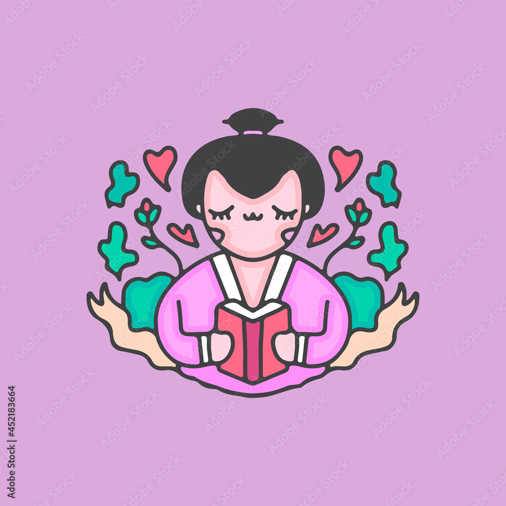 kawaii japanese geisha reading a book. illustration for t shirt, poster, logo, sticker, or apparel merchandise. kawaii japanese geisha reading a book. illustration for t shirt, poster, logo, sticker, or apparel merchandise.