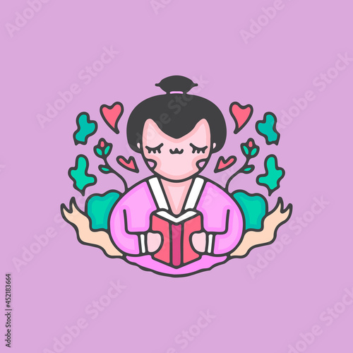 kawaii japanese geisha reading a book. illustration for t shirt, poster, logo, sticker, or apparel merchandise.