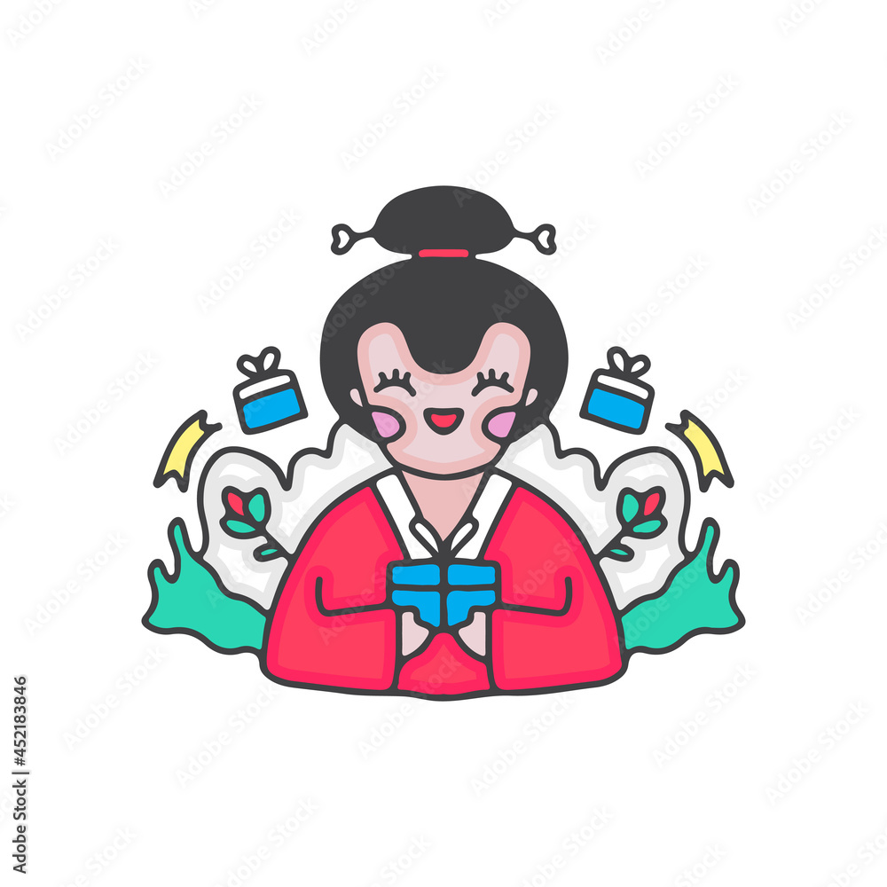 Cute cartoon geisha holding gift boxes. illustration for t shirt, poster, logo, sticker, or apparel merchandise.