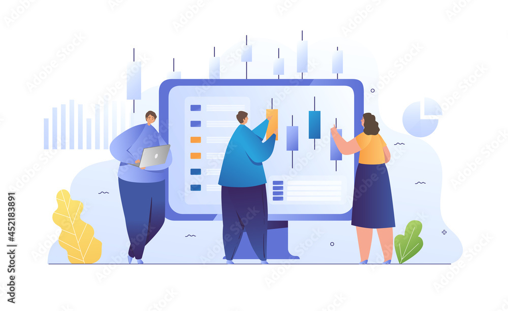 Stock market concept. Man and woman analyze sales schedule to get more profit. Financial market business. Traders manage investment fund. Cartoon flat vector illustration isolated on white background