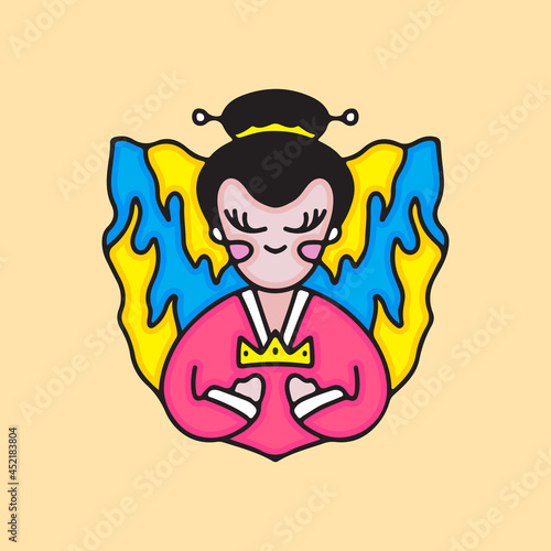 cartoon geisha holding king crown. illustration for t shirt, poster, logo, sticker, or apparel merchandise.