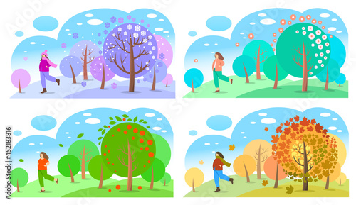 Set of seasons banners isolated on white background. Winter Spring Summer Fall. Young woman walks in the park, forest or garden. Landscapes in a flat style. Vector.