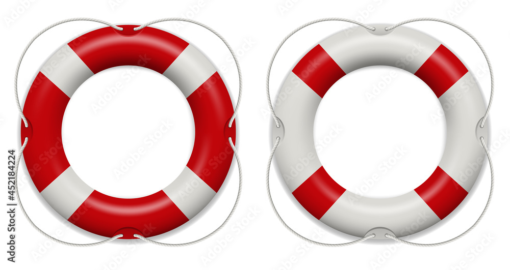 Realistic rescue life belt, marine lifebuoy water safety isolated on white background. Collection of realistic lifebuoy striped circle Realistic rescue life belt, marine lifebuoy water safety isolated on white background. Collection of realistic lifebuoy striped circle