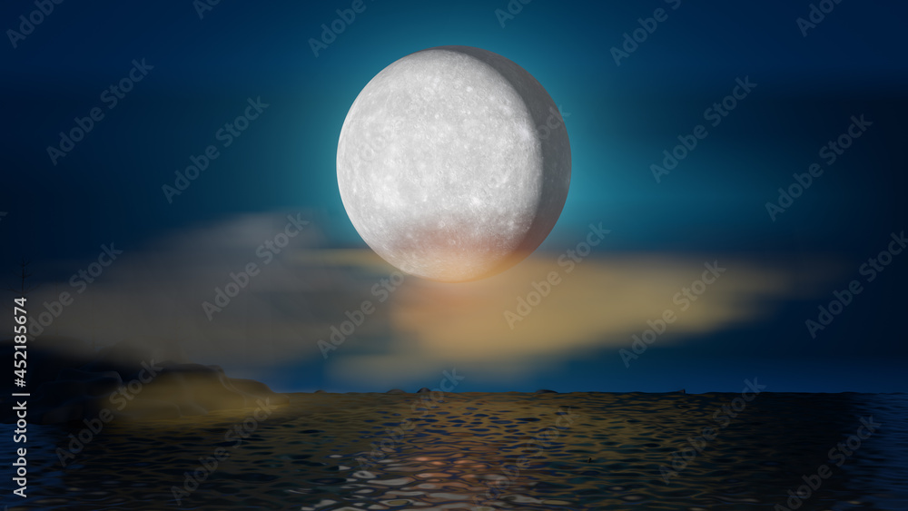 Halloween graphic background. Big full moon on blue sky with sea water reflection and cloud. Blue Orange Theme. 3d illustration rendering Halloween graphic background. Big full moon on blue sky with sea water reflection and cloud. Blue Orange Theme. 3d illustration rendering