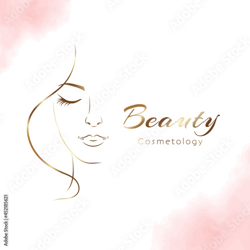 Vector woman in gold profile template logo or abstract concept for beauty salons. Cosmetics, medical center, fashion and beauty industry. Abstract logo. Vector File