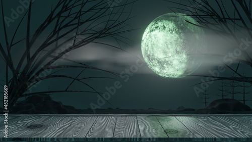 Halloween graphic background. Big full moon on sky with Wood board top table and cloud and tree. Blue Theme. 3d illustration rendering
