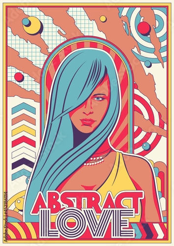 Abstract Love Poster, Young Woman Portrait, 1980s - 1990s Abstract Background 